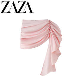 ZAZA 自制欧美风 批发女装 时尚百搭醋酸缎褶皱不规则飘带半身裙