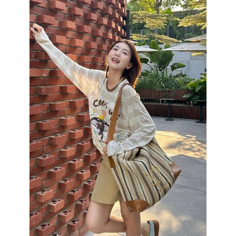 Korean Style Yellow Striped Tencel Long-Sleeve Sun-Protective T-Shirt for Women, Summer Petite Thin Air-Conditioning Cover-Up Top