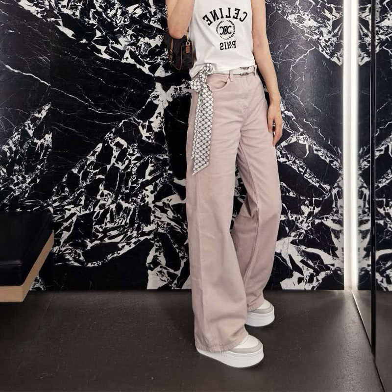 High-end version, Celine 26 new collection, light pink, straight-leg, slimming long pants, high-waisted jeans, Nanyou, women's High-end version, Celine 26 new collection, light pink, straight-leg, slimming long pants, high-waisted jeans, Nanyou, women's