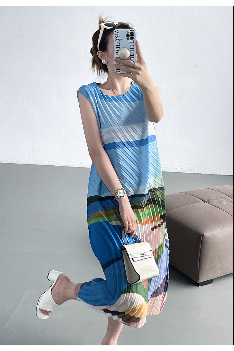 Váy maxi xếp ly in họa tiết hai dây dáng rộng thanh lịch — Màu xanh lam chi tiết 11