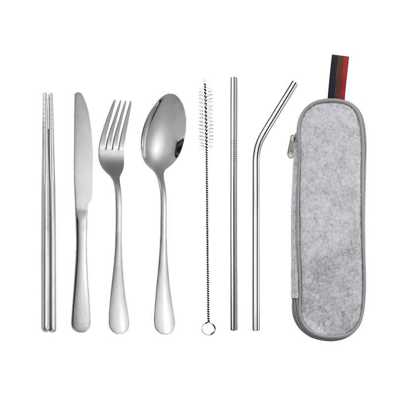 Amazon transfronterizo conveniente vajilla de acero inoxidable 7 piezas conjunto 1010 cuchillo, tenedor, cuchara, palillos, traje de viaje al aire libre de paja
