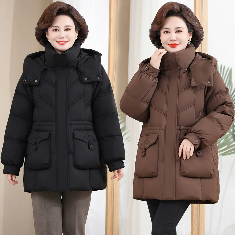 Мама средней и длинной пуховик женский 2024 зима новый средний и пожилой толстый хлебный пиджак съемная шляпа