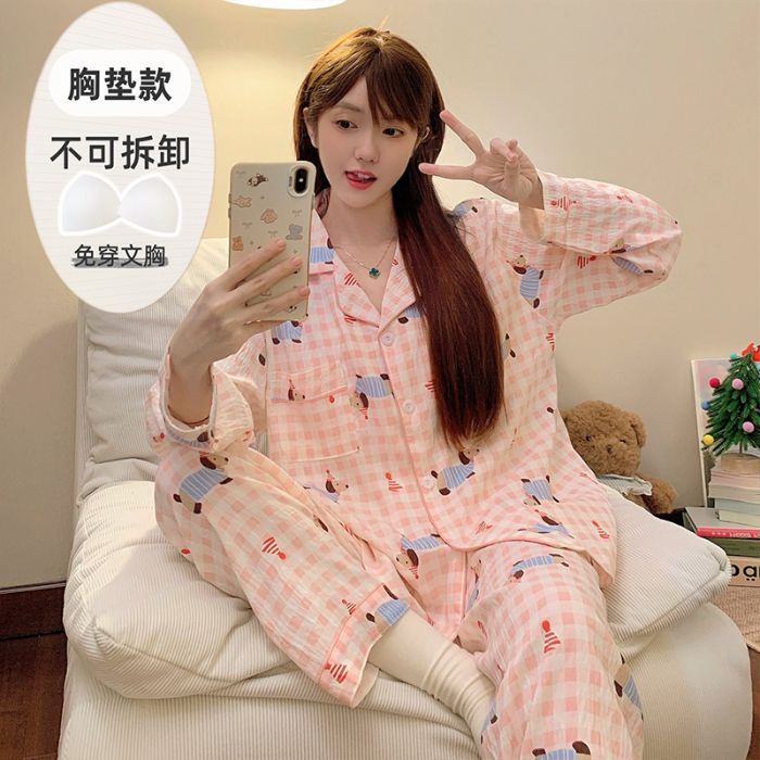 Al por mayor transfronterizo de otoño pantalones de manga larga pijamas casuales de mujer con cojín de pecho cardigan cómodo algodón nubes ropa para el hogar encantadora