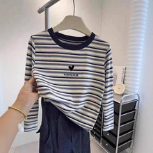 小众设计感正肩拼色条纹长袖t恤女装2025新款时尚百搭上衣秋冬季
