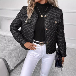 Cross-border foreign trade women's clothing Europe and the United States autumn and winter new black fragrant wind warm cotton-padded coat rhombus warm short cotton-padded jacket women