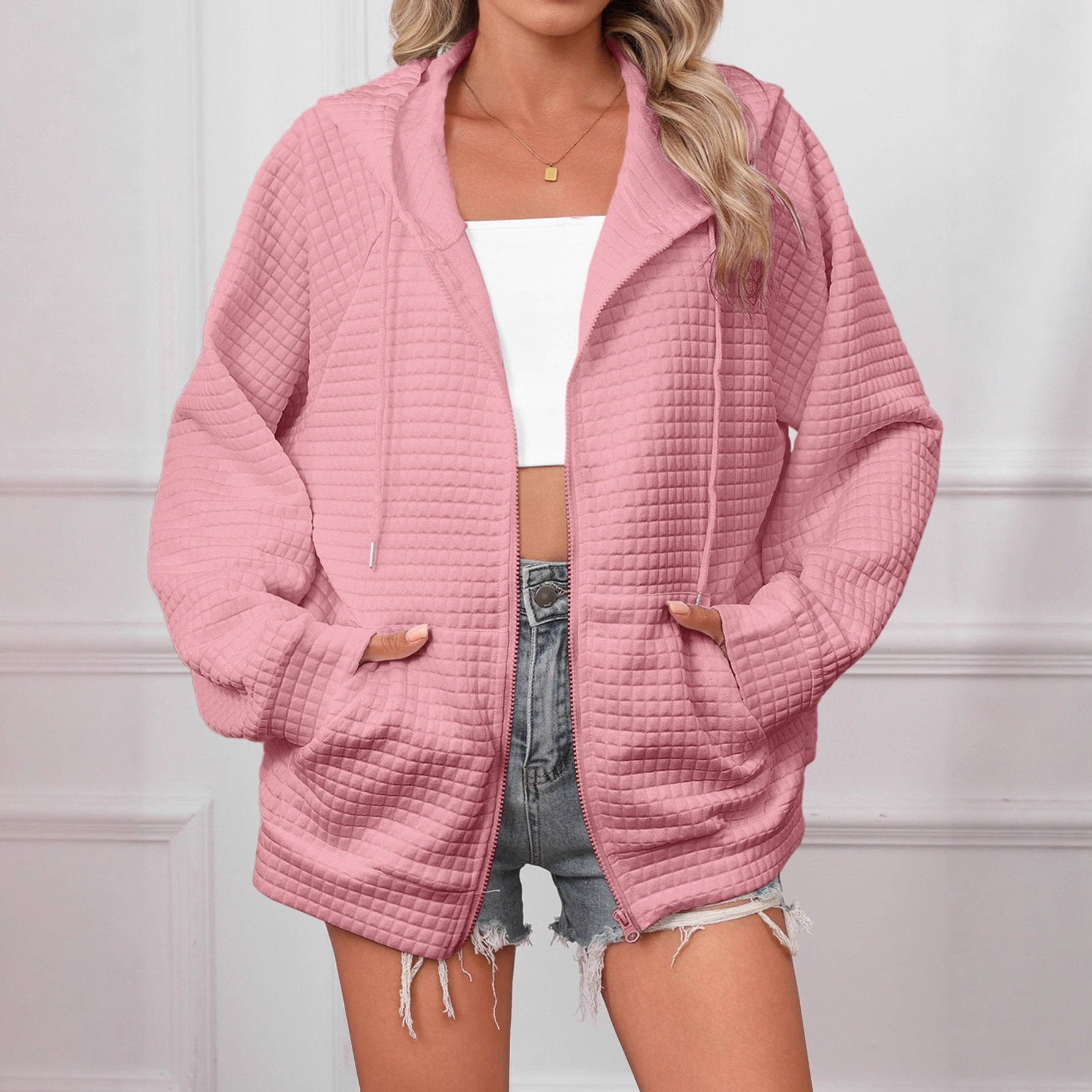 Autumn And Winter Waffle Hooded Drawstring Sweatshirt Casual Zip Jacket Jacket For Women_ecoleips.com