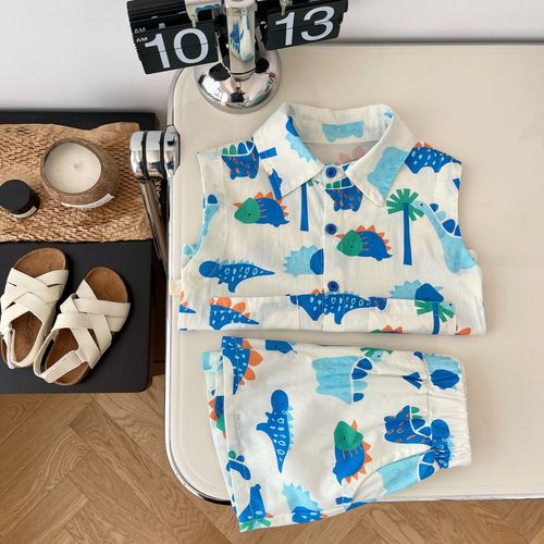 Children's cartoon suit 0-6 years old summer boys Korean version sleeveless top dinosaur T-shirt shorts two-piece set BT093