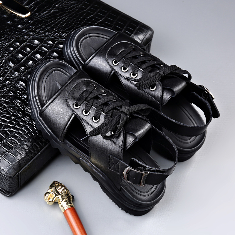 남성 신발 여름 2024 새로운 통기성 캐주얼 패션 트렌디 플랫폼 샌들 레이스 업 야외 비치 슈즈