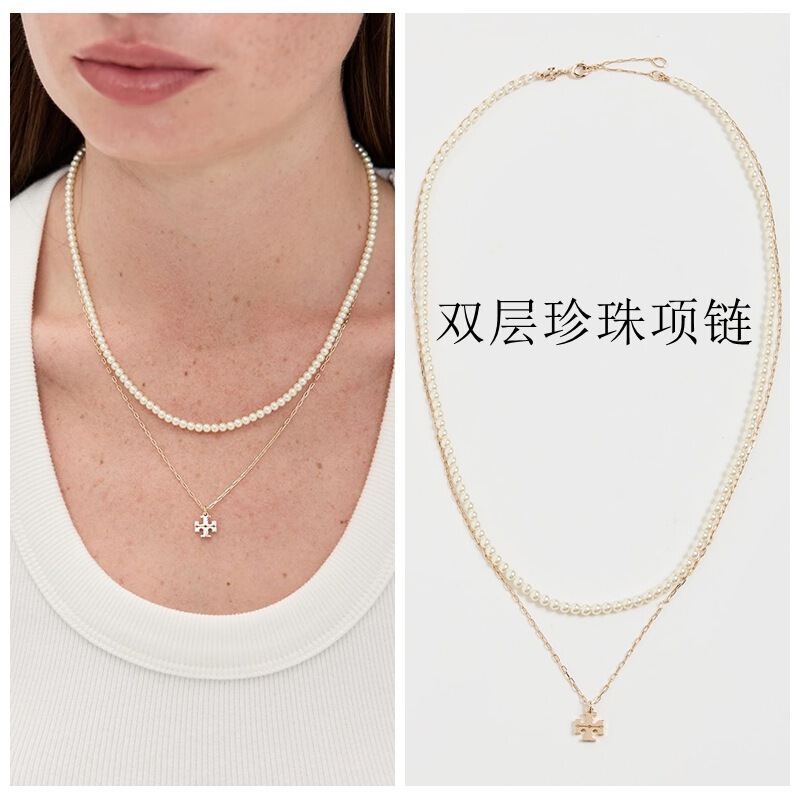 Daily Accessories t Series Kira Off-White Artificial Pearl Double-Layer Logo Layered Necklace for Women Daily Accessories t Series Kira Off-White Artificial Pearl Double-Layer Logo Layered Necklace for Women
