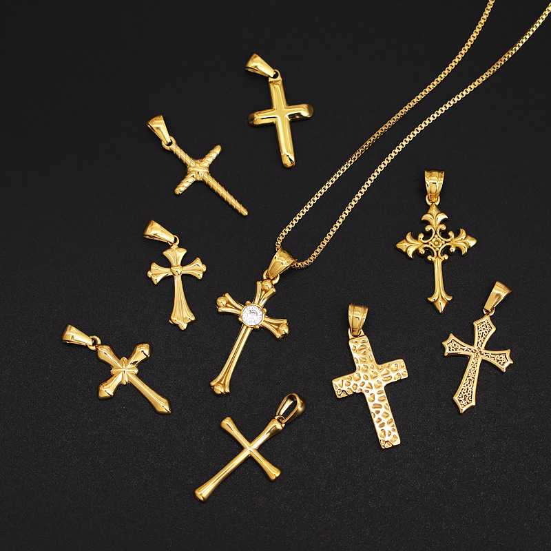 European and American Light Luxury Diamond Cross Pendant DIY Necklace Accessories Personality Fashion Jewelry Pendant Titanium Steel Plated 18K Gold