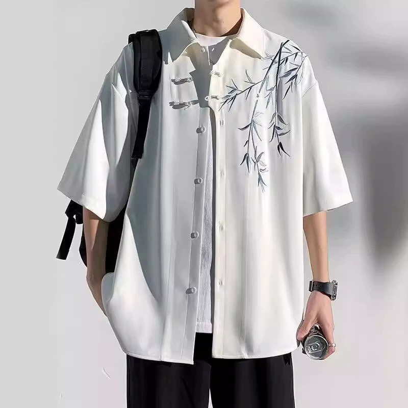 Летняя рубашка, китайский стиль, oversize, с вышивкой, с коротким рукавом