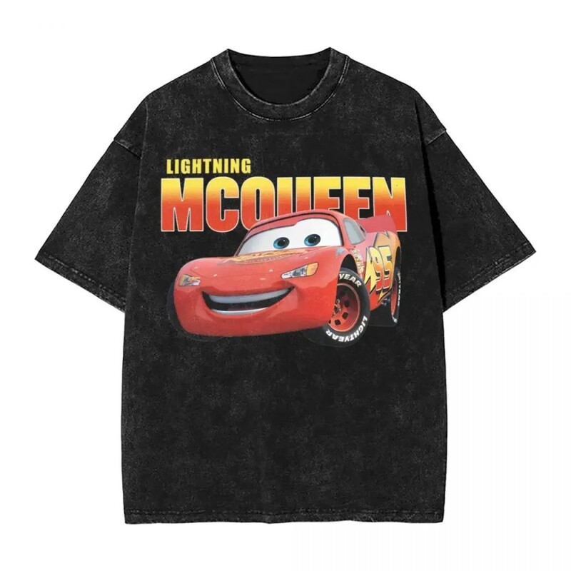 Lightning Mcqueen Cartoon T-Shirt Washed High Street Short Sleeve Men's and Women's Tops Streetwear Summer American Style Loose T-Shirt