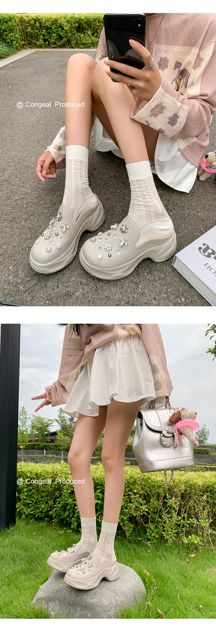 Dép lê bít mũi độn cao da thật 7cm cho nữ, phong cách sandal lỗ xốp mùa hè, đính ngọc trai đinh tán — Màu trắng, Màu xám chi tiết 21