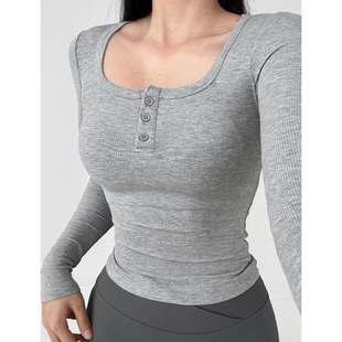 Three buttons ~.~ yoga T-shirt sexy sports casual square collar dance Pilates running long sleeve top 1324
