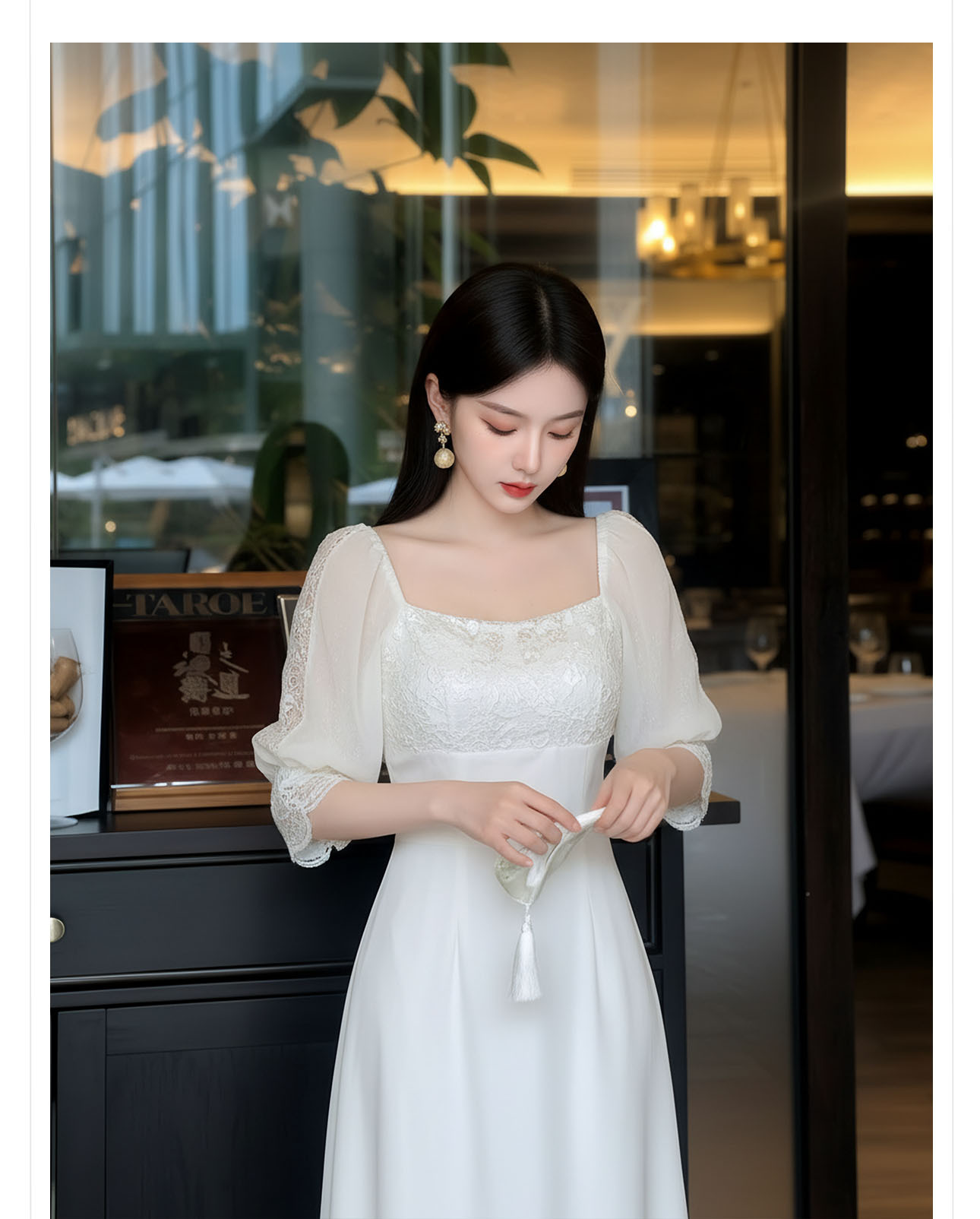 Đầm maxi nữ thắt eo tay dài ren cao cấp phong cách Pháp — màu trắng chi tiết 3