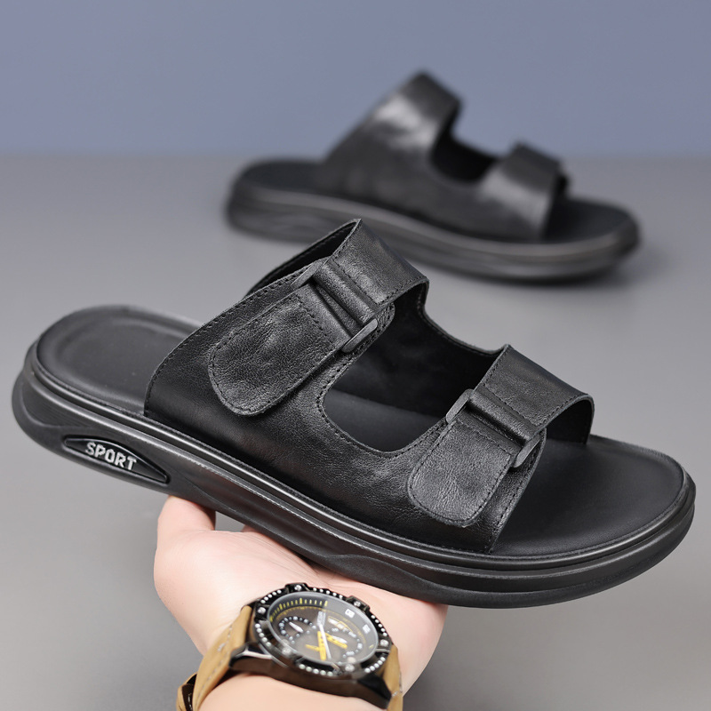 Verano nuevo cabeza de cuero de vaca zapatillas de cuero para hombres sandalias de cuero de dedos expuestos zapatillas respirables zapatillas para hombres zapatos