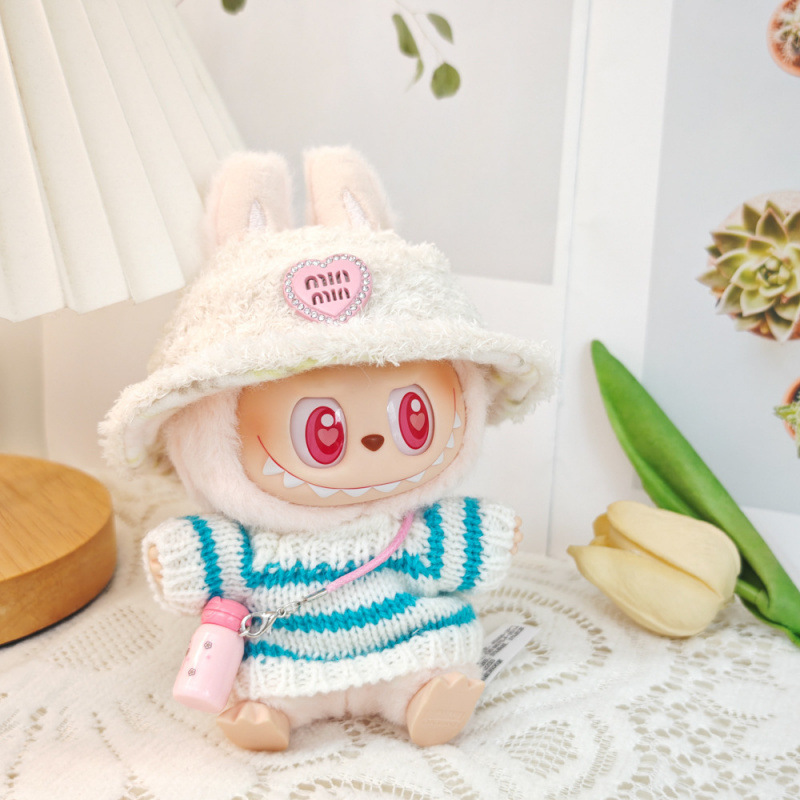 17 センチメートルビニールぬいぐるみマカロンラブブ LABUBU ベビー服ピンクのガーゼスカートヘアアクセサリー交換服|undefined