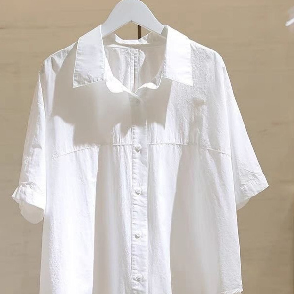 White Pure Cotton Short-Sleeved Shirt for Women, New Summer Style, Large Size, Loose Fit, Slimming, Versatile, Back Cut-Out Shirt Top