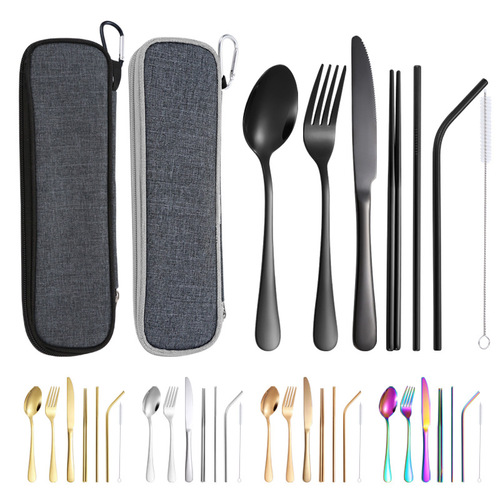 Outdoor tableware set, stainless steel knife, fork, spoon, chopsticks and straws, eight-piece set, cross-border mountaineering and camping portable tableware bag