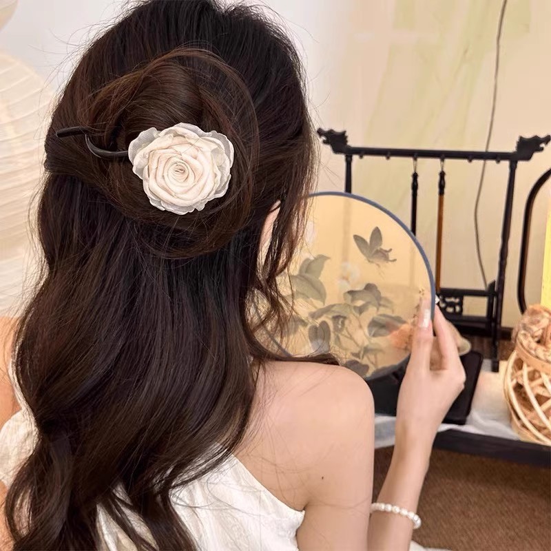 早春配饰玫瑰花白色花朵发夹大号鸭嘴夹女2025年新款高级感发饰品|undefined