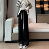 Demi-season warm trousers, black thin leggings, high waist, fitted, suitable for teen, loose straight fit