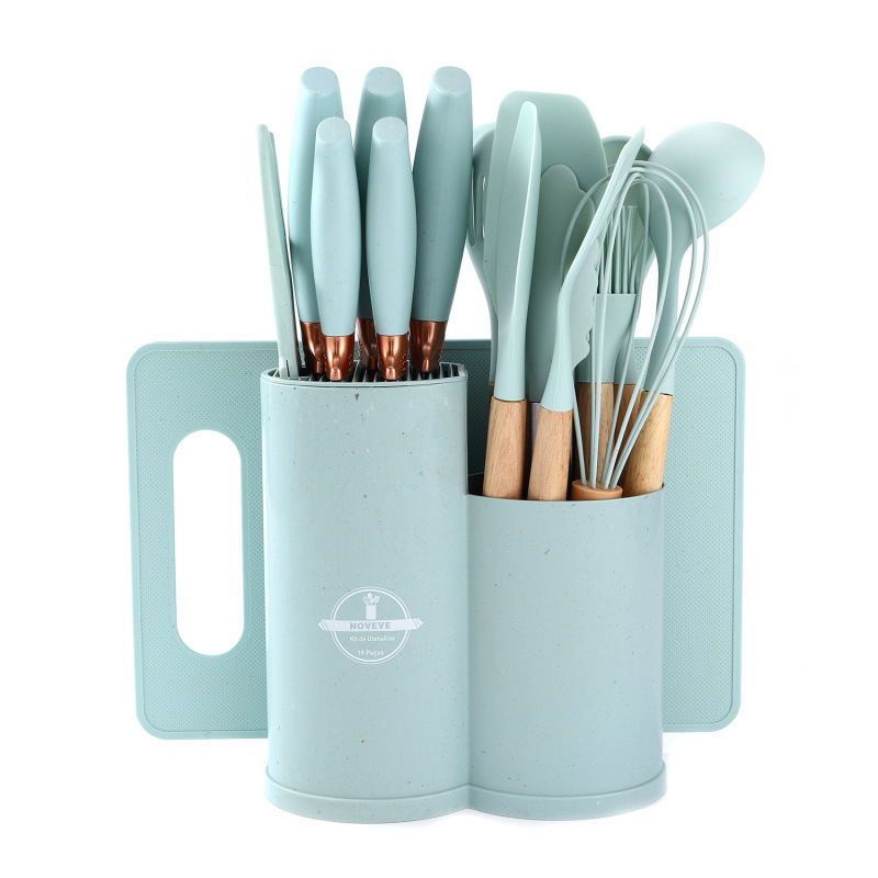 19 conjuntos de cubierta de cocina de silicona, conjunto de color de paja, conjunto de herramientas combinadas con soporte de cuchillo de contenedor resistente a altas temperaturas