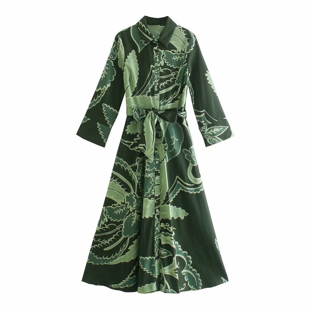 belt printing long-sleeved shirt dress Nihaostyles wholesale clothing vendor NSAM75465