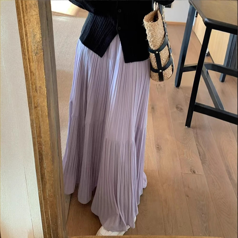 Maternity Chiffon Purple Skirt, Spring Long Loose-Fitting Slimming A-Line Pleated Skirt with a Gentle Drape