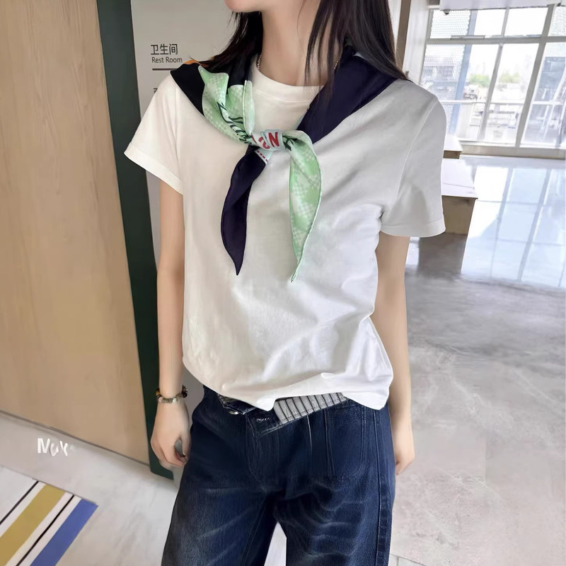 Shshenzhen Nanyou 2026 New Style Spliced Silk Scarf Collar Designer Short-Sleeve T-Shirt Korean Style Gentle and Slimming for Work Commute