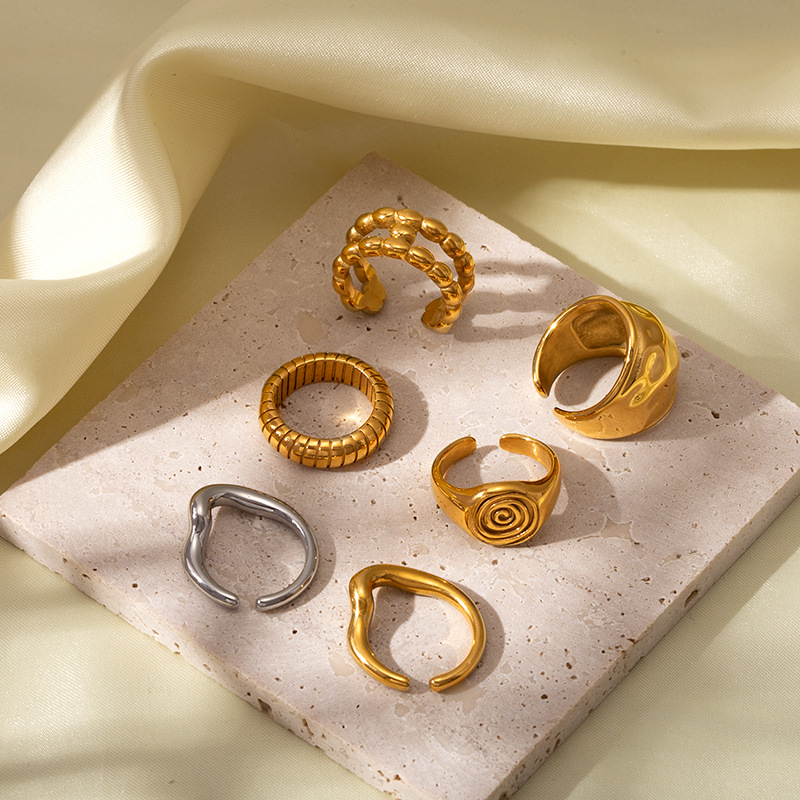 12g Weight PVD Coated Gold Plating Process Real Gold Plated Plating Material Open Rings Classification One Size Ring Size 1 Piece Quantity Holiday, Daily Occasion 304 Stainless Steel Material Geometric Pattern Women's Gender Retro Style Wholesale Jewelry Retro Geometric 304 Stainless Steel 18K Gold Plated Open Rings 9