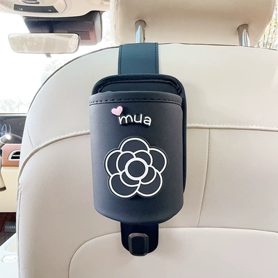 Car cup holder/beverage holder | Storage Hook for Women - black-leather-water-cup-holder-with-hook-camellia