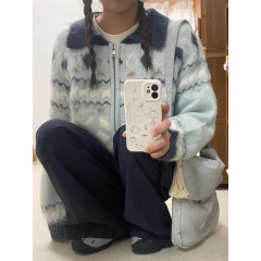 日系慵懒风软糯翻领拉链秋冬宽松费尔岛提花开衫毛衣针织衫外套女