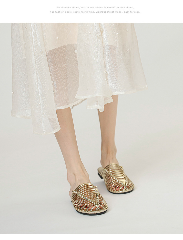 Hand-woven Open-toe Hollow Flat Mule Sandals For Summer Outdoor Wear, Lazy Slip-on Women's Shoes_vogvips.com