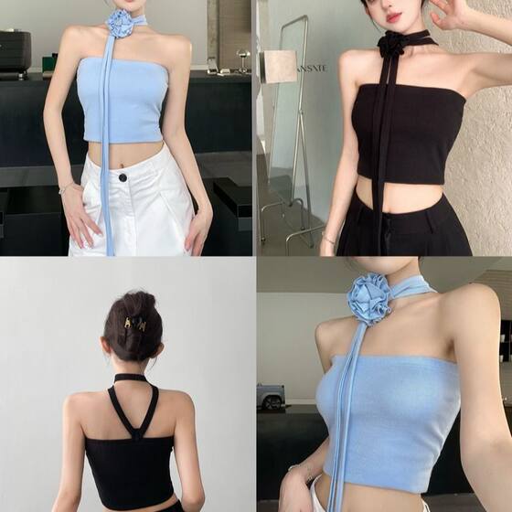 Summer Hot Girl Style High-grade Three-dimensional Flower Scarf Elastic Slim Strapless Vest Women's Strapless Top