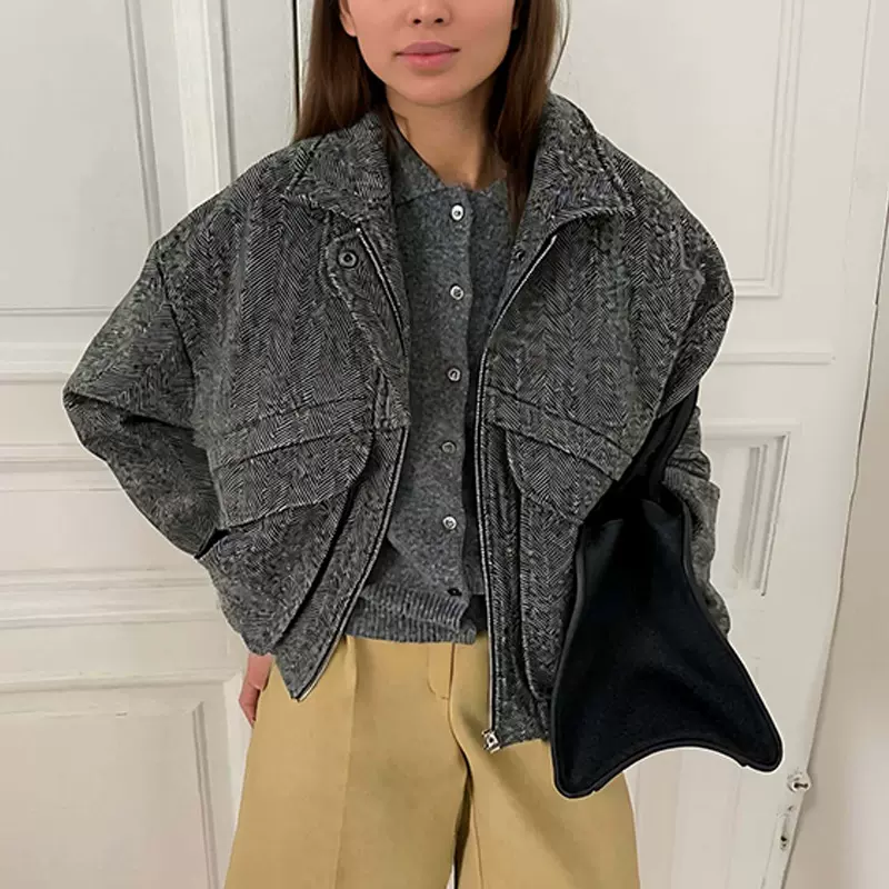 2025秋季女装跨境外贸新款纯色宽松百搭翻领短款街头风夹克外套