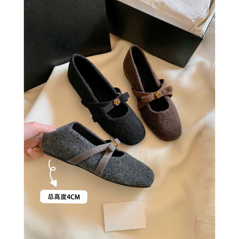 Stuffed Version ~ Camellia Inner Height 4cm Plush Mary Jane Shoes for Women Autumn and Winter Fleece-Lined Bow Flats Flats