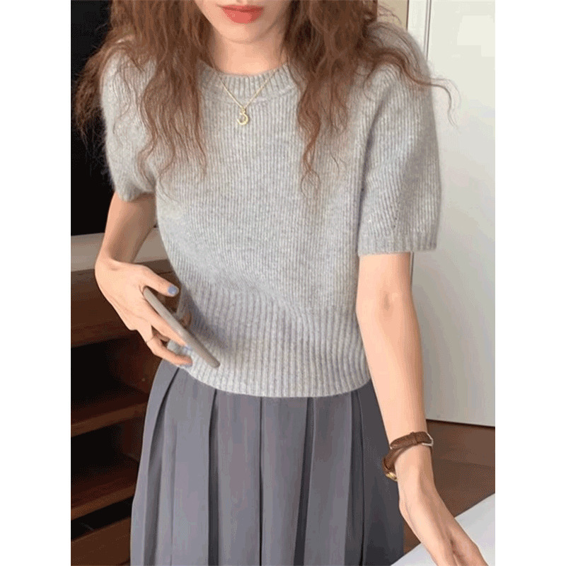 Grey Tight Waist Crewneck Short-sleeved Sweater Women's Summer High-end Soft Waxy Inner Sweater Bubble-sleeved Short Top