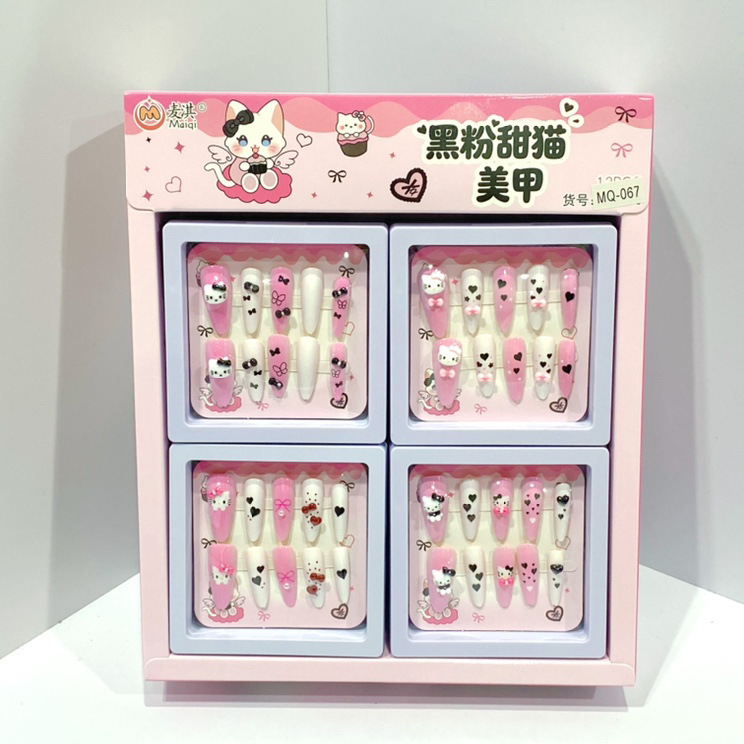 New black and pink sweet cat nail art, high aesthetic value, three-dimensional simple nail stickers, detachable nail pieces for little girls