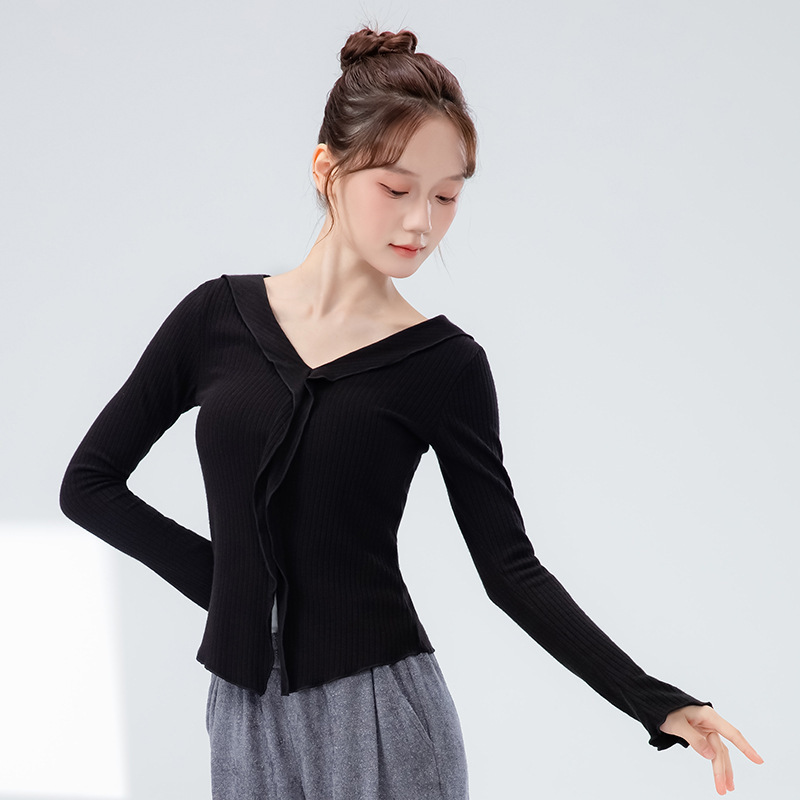 现代舞蹈服女新款修身长袖v领练功服波浪边演出上衣古典舞形体服|undefined