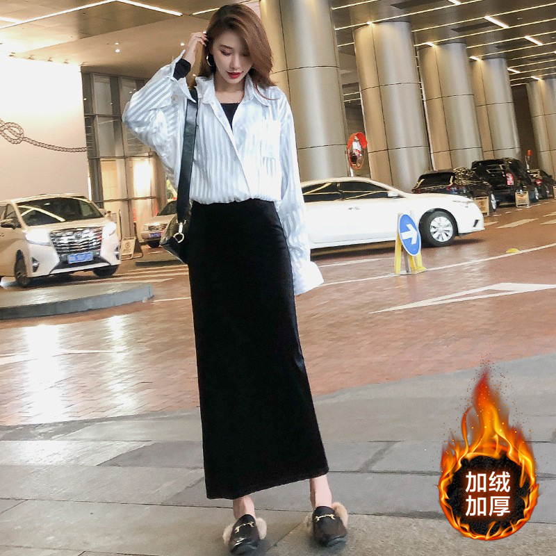 金丝绒半身裙黑色包臀裙长裙25秋冬高腰开叉复古显瘦中长款一步裙|undefined