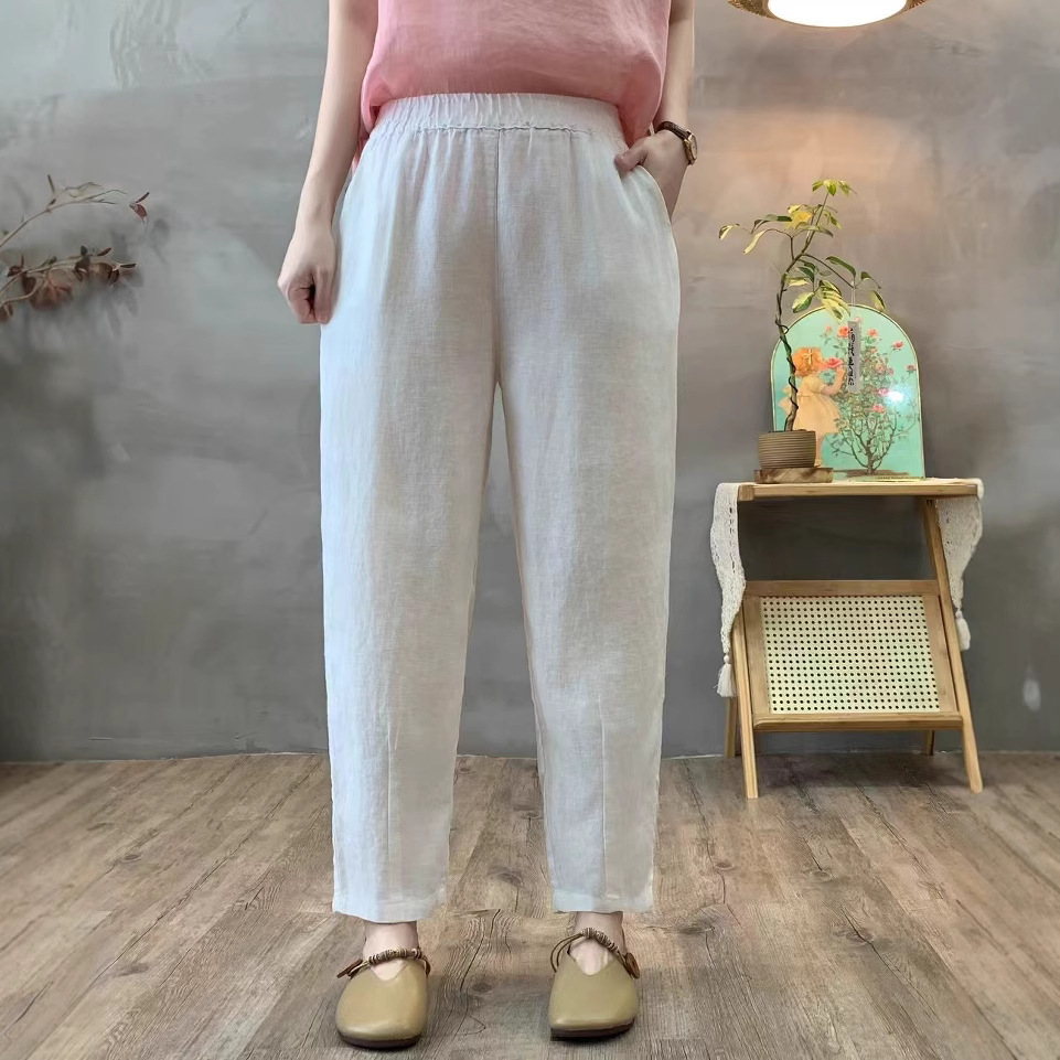 纯色休闲裤直筒裤女简约小脚文艺显瘦松紧腰亚麻2025夏季复古宽松