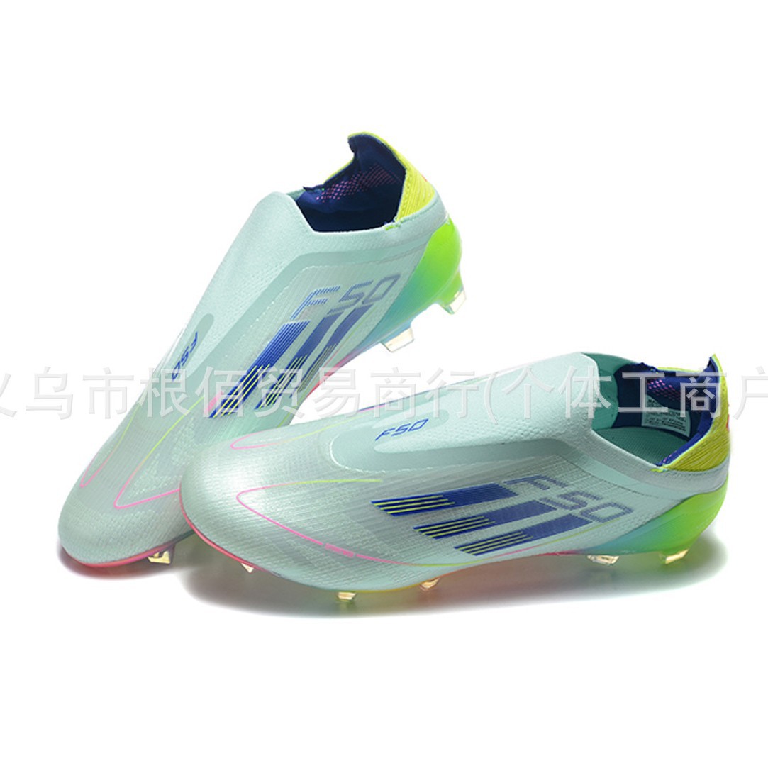 Fábrica de comercio electrónico transfronterizo venta directa F50 sin cordón de zapatos de punto antideslizante impermeable FG zapatos de fútbol velcro ligero