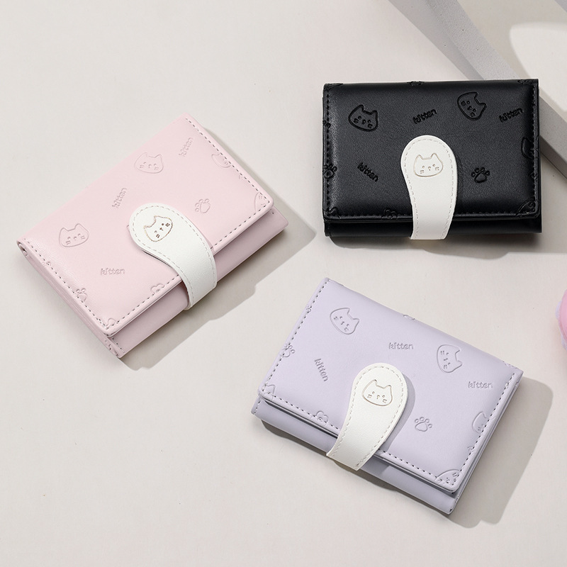 Cat Little Tail Cute Women's Card Bag Fashion Buckle with Cartoon Print PU Short Three-fold Coin Purse wallet