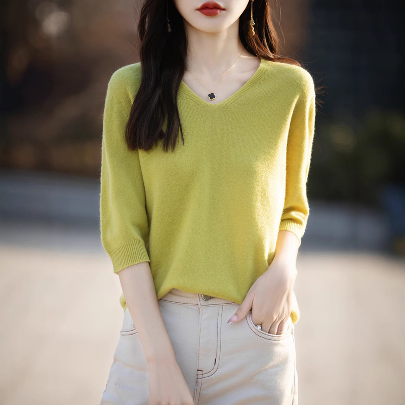 Cross-Border Andy Velvet Short-Sleeved Knitwear Spring & Fall New V Neck Five-Quarter Sleeve Pure Color Half-Sleeved Loose Pullover Bottoming Shirt