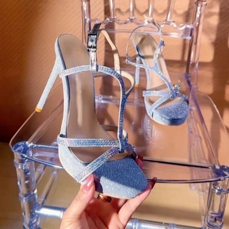 Super Beautiful Open-Toe Rhinestone Ultra-Shiny One-Strap Stiletto High Heels for Women, Versatile and Stylish Work Shoes