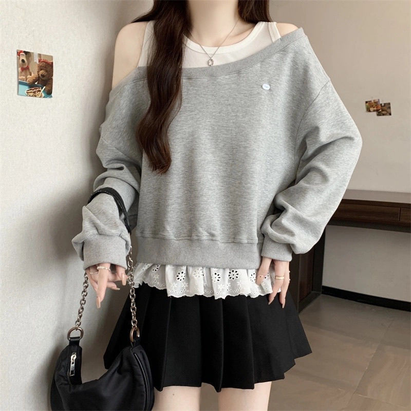 Plus Size Women's Clothing Covers Belly, Lace Splicing Fake Two-Piece Sweatshirt for Women, Spring & Fall Fat Slimming Look Lazy Style Off-Shoulder Top