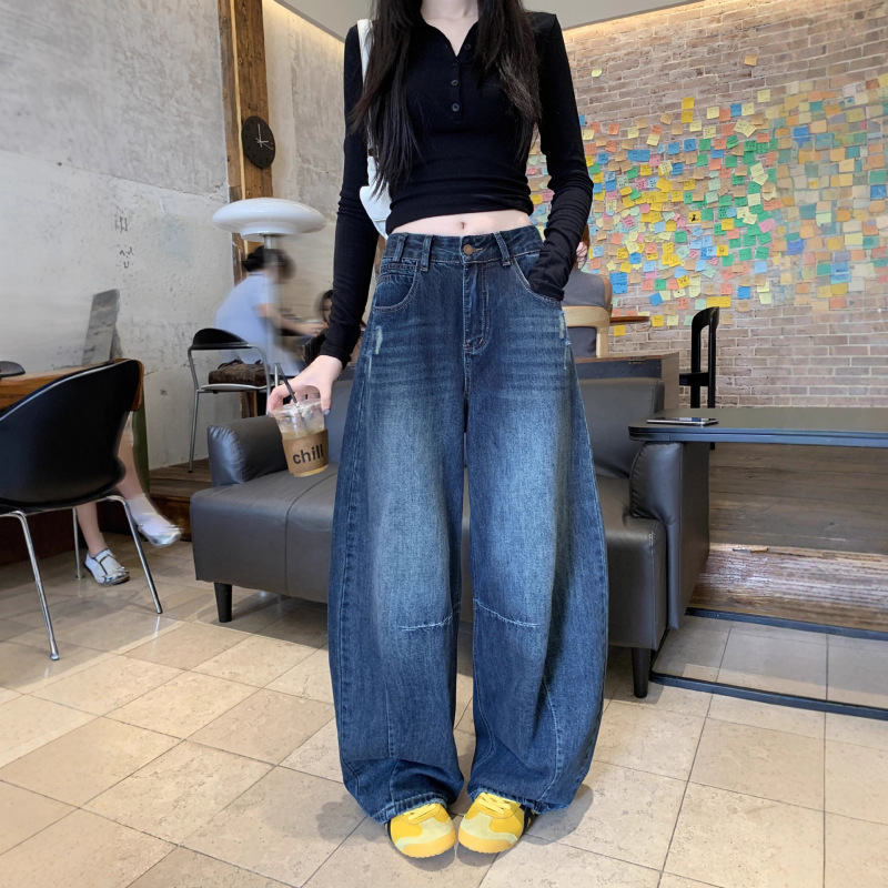 广州十三行高货爆款~弯刀牛仔长裤女后袋刺绣宽松水洗拖地阔腿裤|undefined