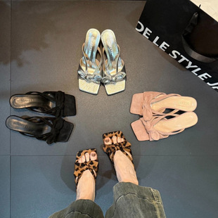 Women's Outer Wear Retro Sandals 2025 New Style French Bow Square Toe Low Heel Slippers Factory