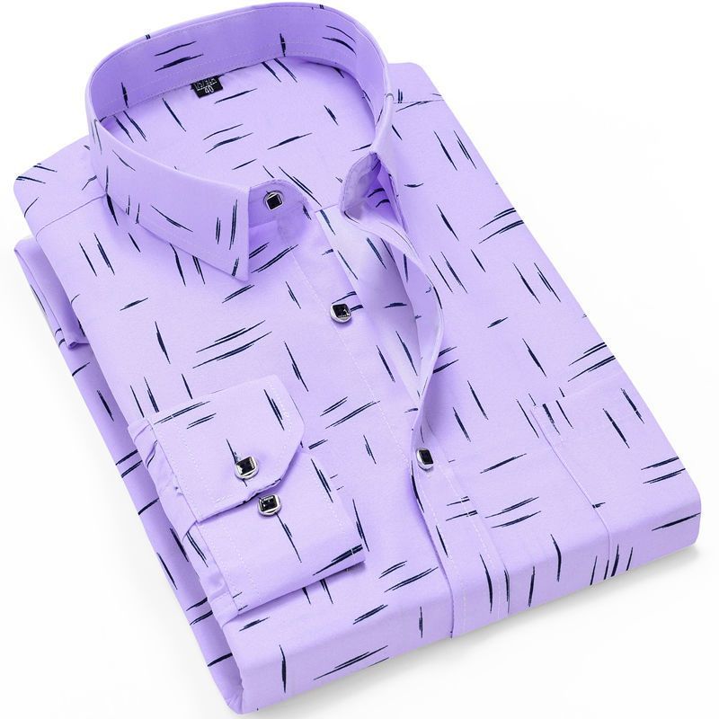 春秋款长袖衬衫男格子条纹印花衬衣干活中老年爸爸装青年修身上衣