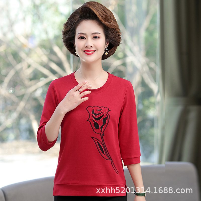 妈妈装春夏绣花七分袖棉质T恤上衣2021新款中老年女装时尚打底衫